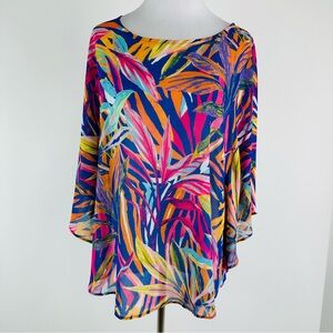 Chico’s Tropical Print Pink Blue Palm Leaf Poncho Top Size S/M